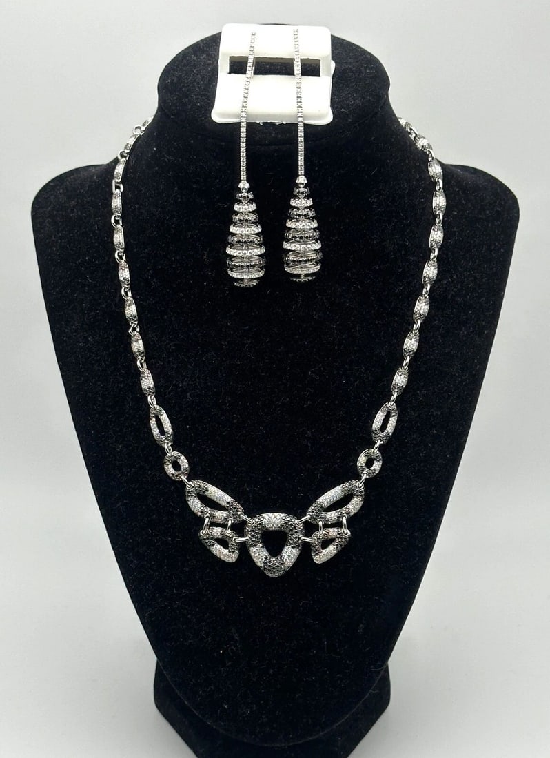 18K WHITE GOLD MATCHING NECKLACE AND DANGLE EARRINGS, 15CTS BLACK/WHITE DIAMONDS (1 of 2)