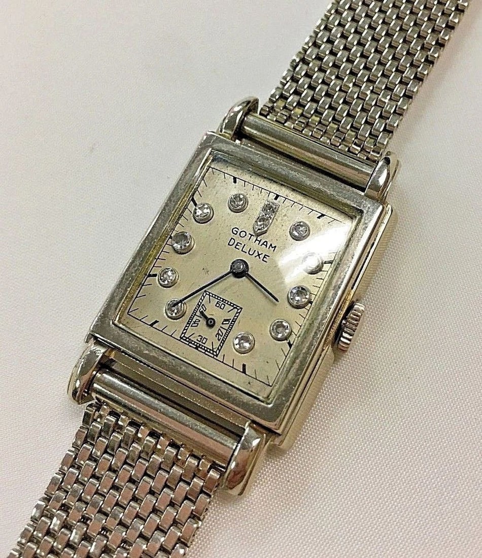 VINTAGE 14K WHITE GOLD GOTHAM DELUXE WATCH WITH DIAMONDS, 17J, SERVICED NOV 2025: 14k White Gold Gotham Deluxe Watch with Diamonds You are bidding on a 14k White Gold Gotham Deluxe Watch with Diamonds. There are a few minor scratches on the watch from normal wear and tear, it is in