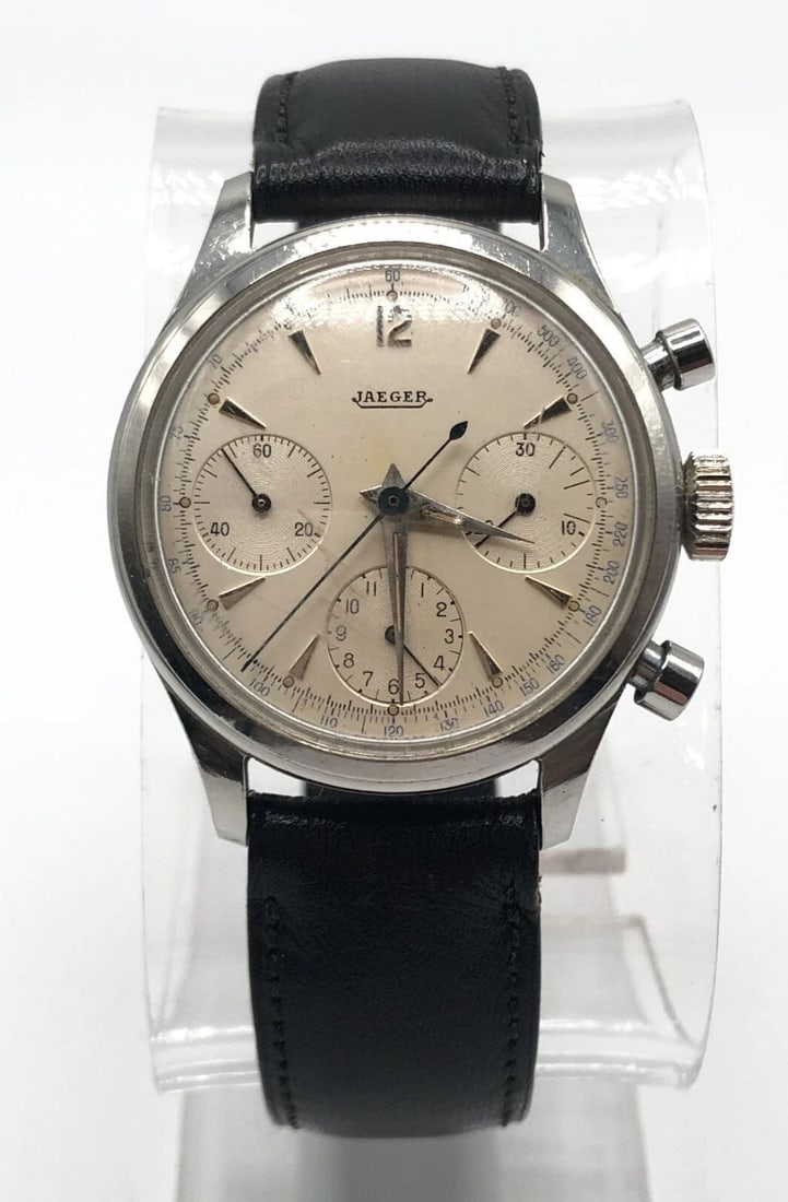 JAEGER VINTAGE CHRONOGRAPH STEEL CASE WATCH WITH BLACK BAND MODEL: 2638 35MM (1 of 2)