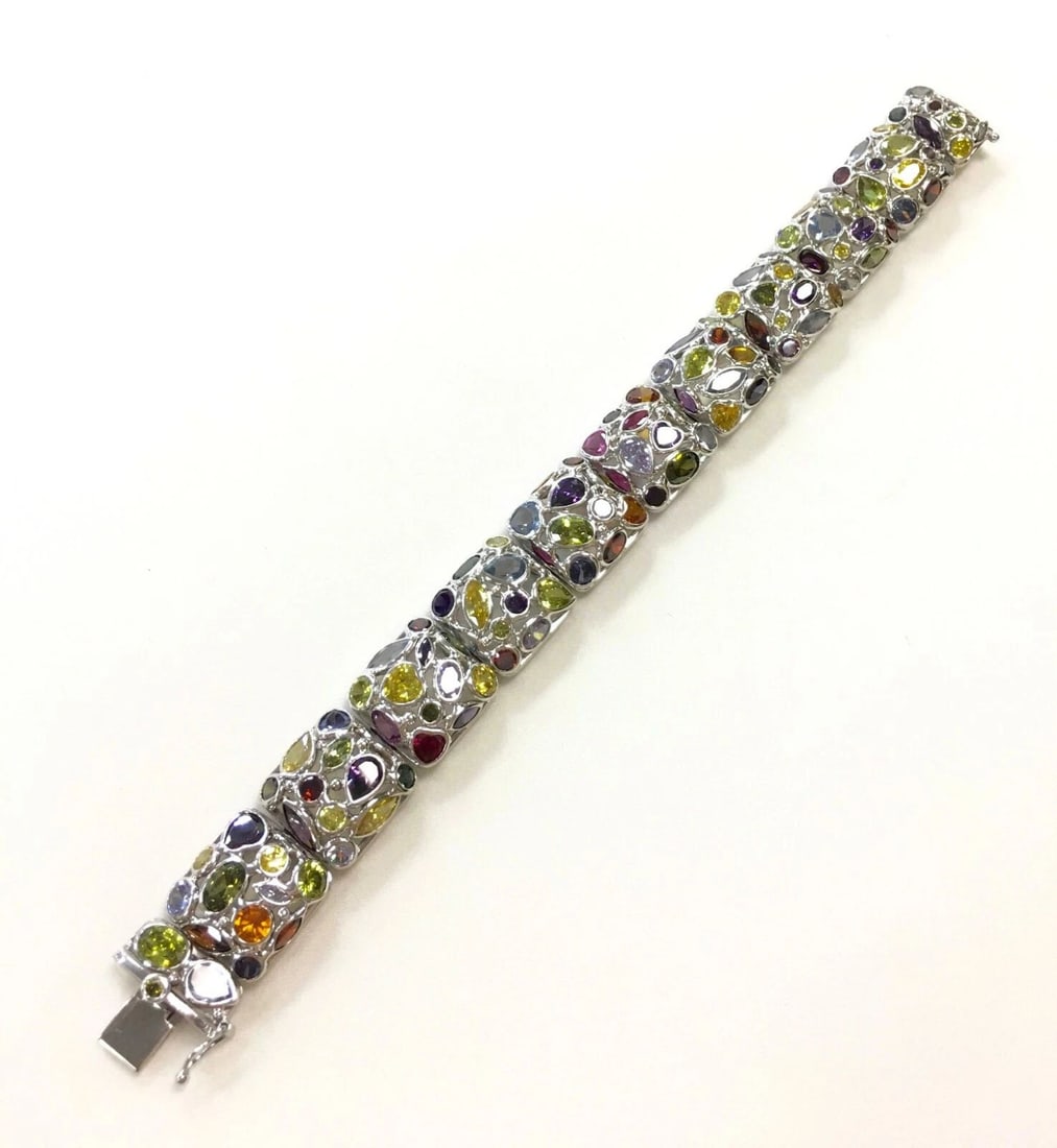 14K WHITE GOLD LINKED BRACELET WITH MULTIPLE NATURAL GEM STONES 47.1 GRAMS (1 of 2)