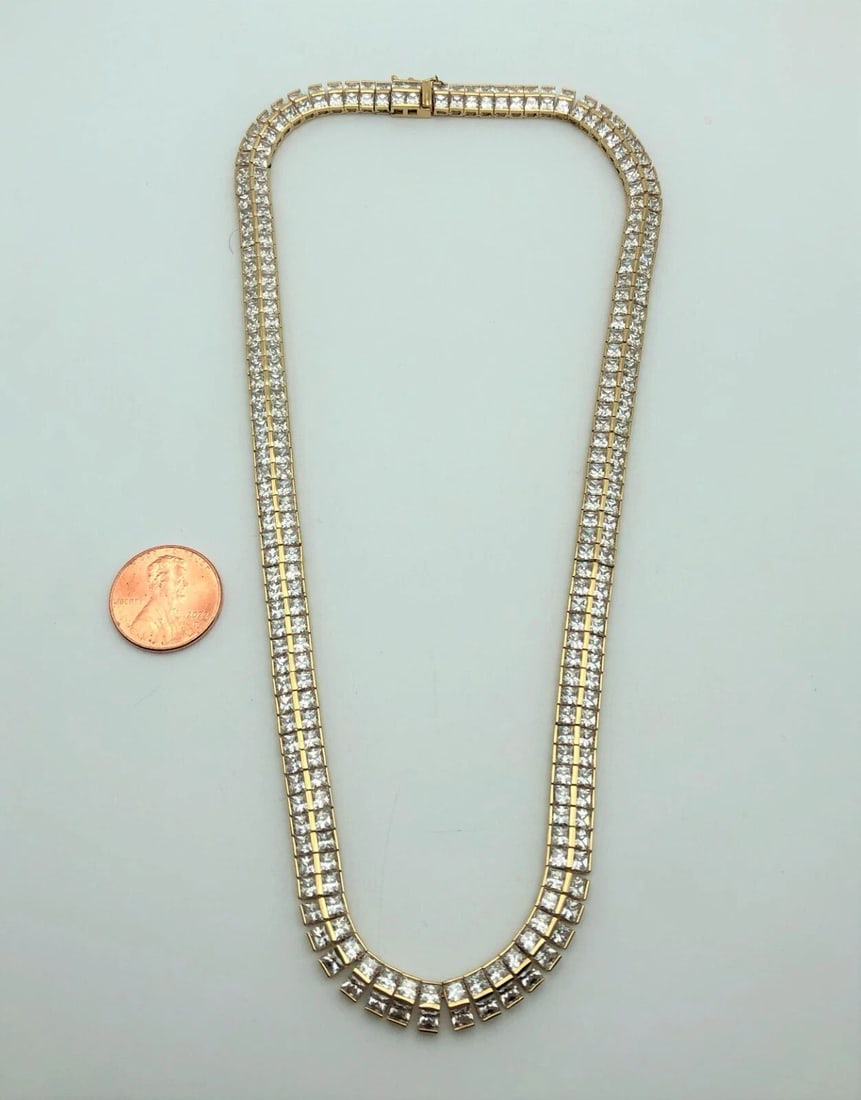 14K SOLID GOLD NECKLACE WITH TWO ROWS OF CUBIC ZIRCONIA (16.5") 40.6 GRAMS (1 of 2)