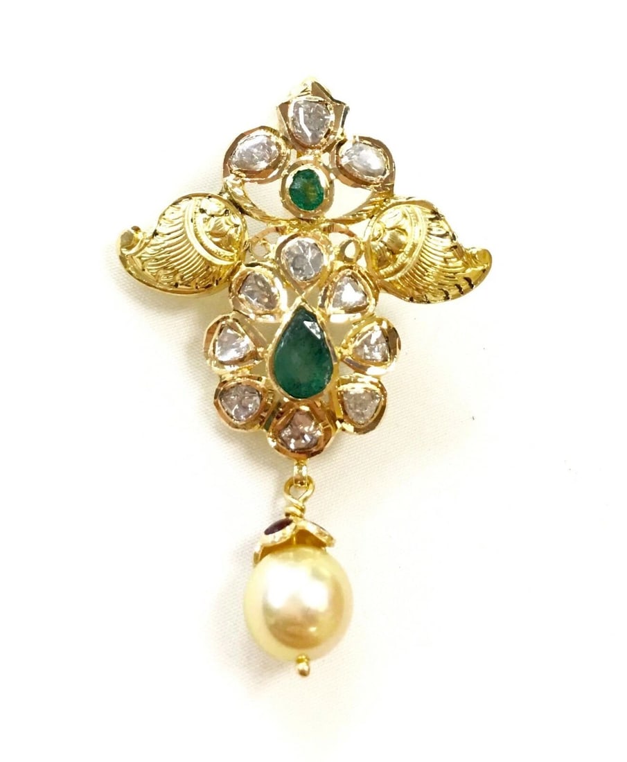 22K YELLOW GOLD HAND MADE PENDANT WITH DIAMONDS, EMERALDS, AND A PEARL 9.4 GRAMS (1 of 2)