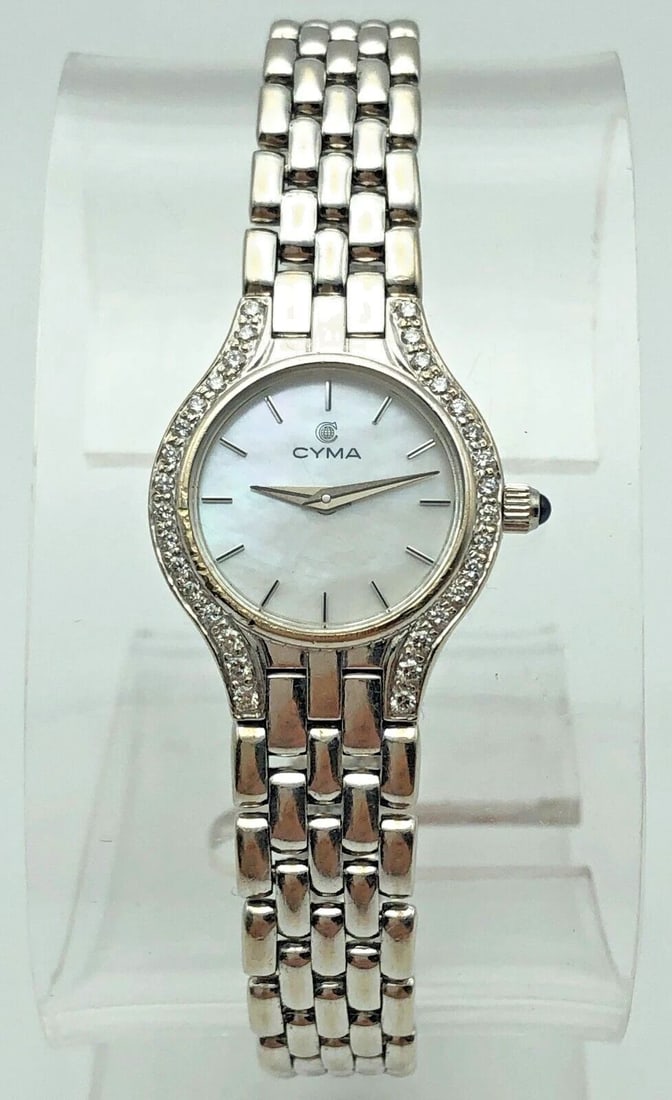 CYMA 14K WHITE GOLD WATCH WITH 0.48CTS DIAMONDS MOP DIAL 36.1 GRAMS (1 of 2)
