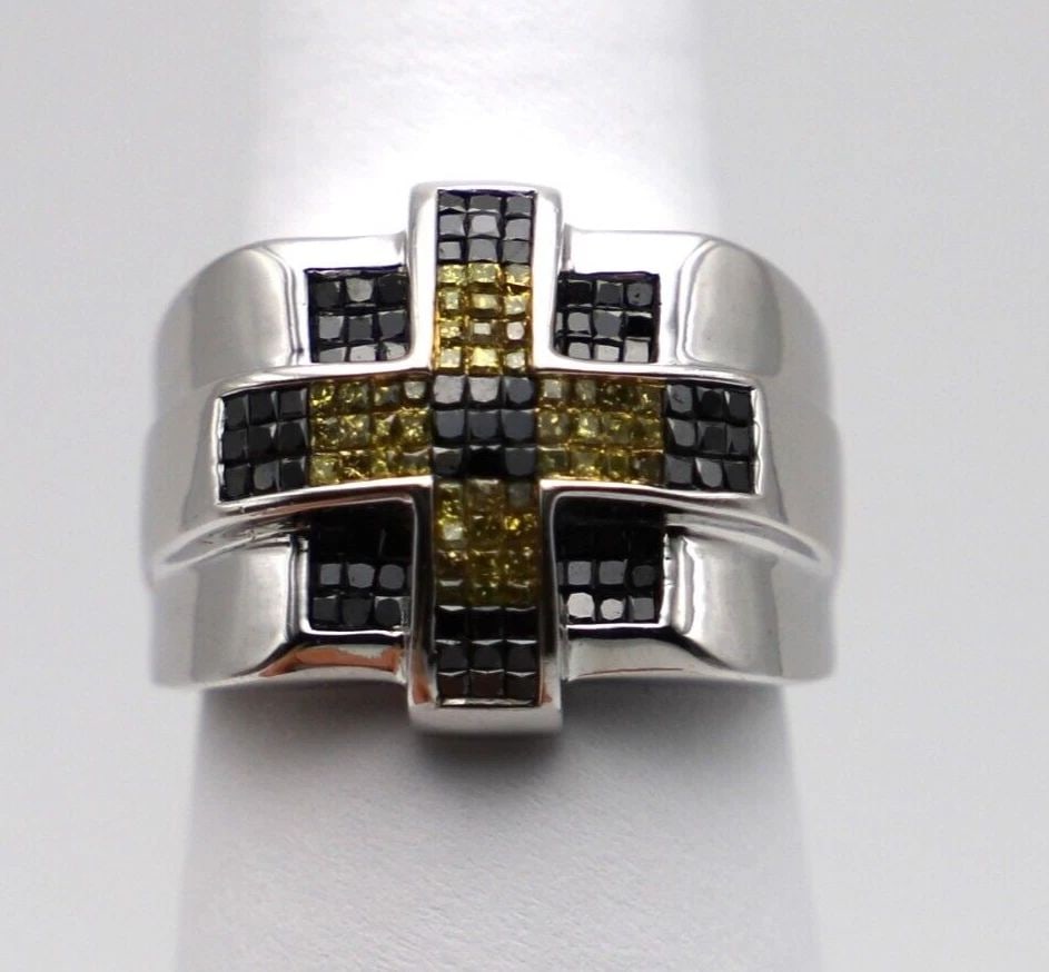 14K WHITE GOLD HEAVY RING CROSS STYLE 2.5CTS YELLOW/BLACK DIAMONDS 17 GRAMS (1 of 2)