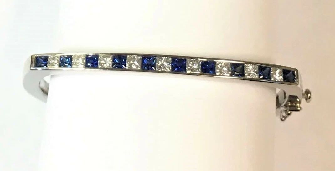14K WHITE GOLD NATURAL 1.17CTS DIAMOND AND 1.5CTS SAPPHIRE BANGLE 6.5INCH WRIST (1 of 2)