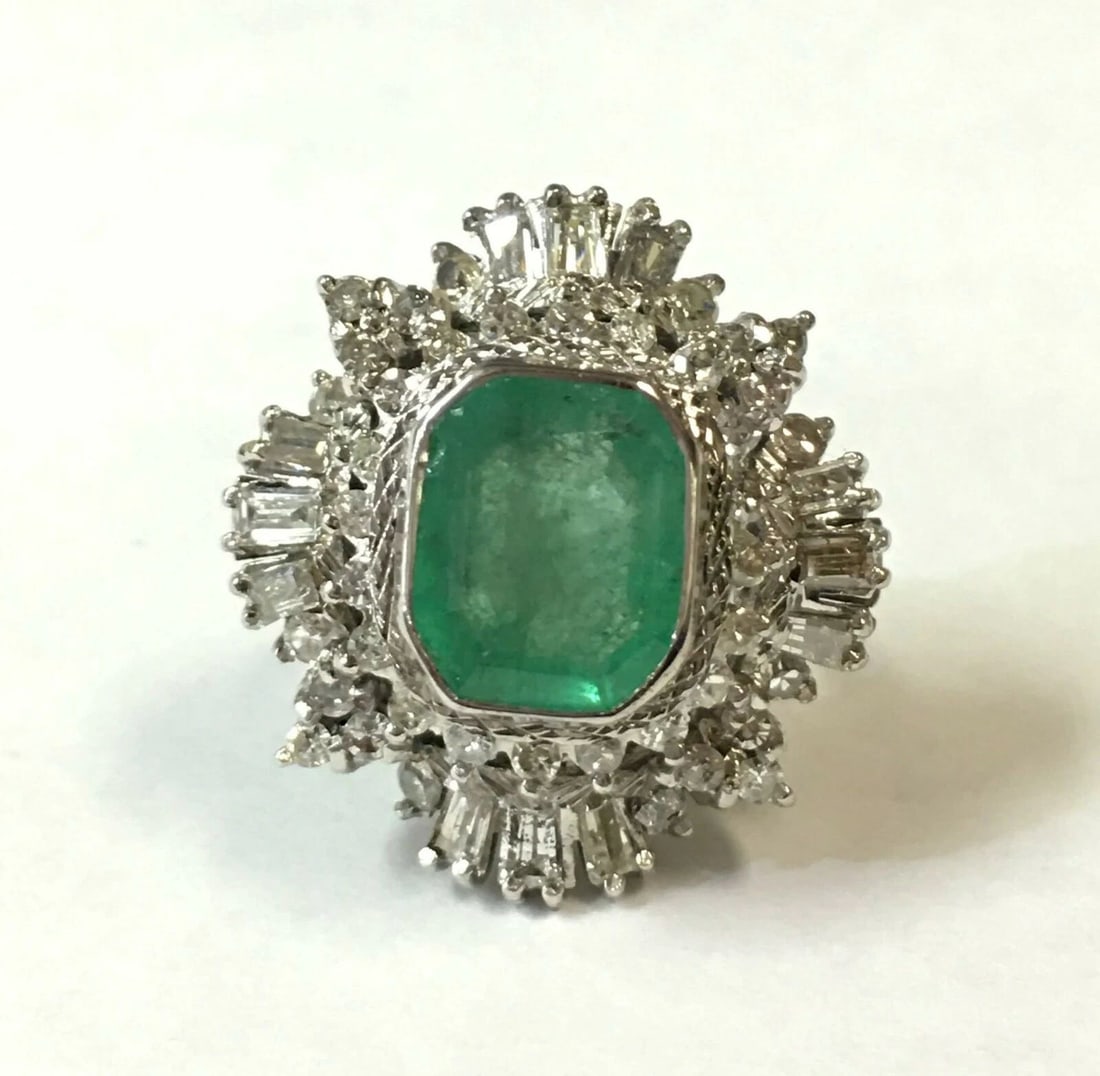 18K WHITE GOLD RING WITH 4.25CT NATURAL EMERALD AND 2.0CTS DIAMONDS SIZE: 5.75 (1 of 2)
