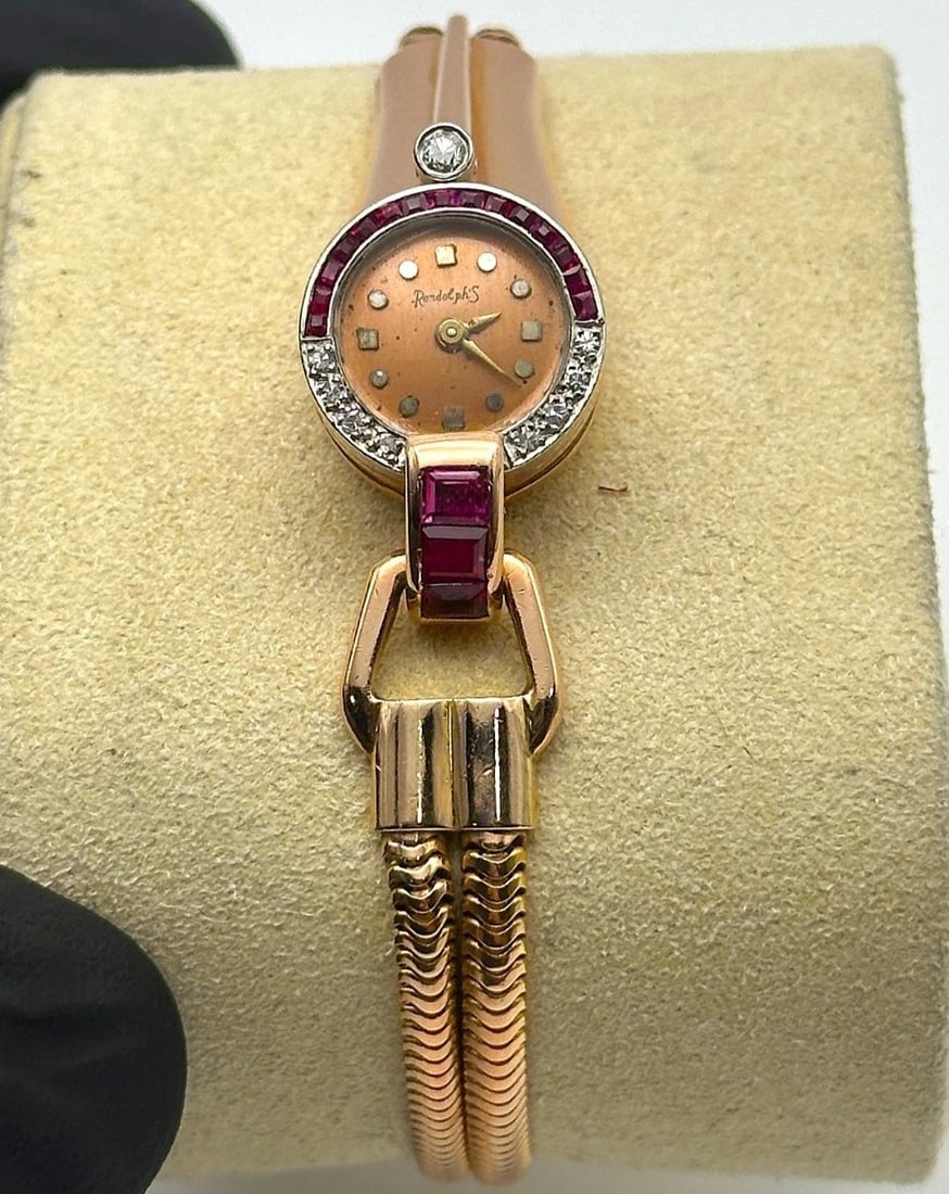 VINTAGE ART DECO 14K ROSE GOLD LADIES WATCH WITH RUBIES AND DIAMONDS 26.7 GRAMS (1 of 2)