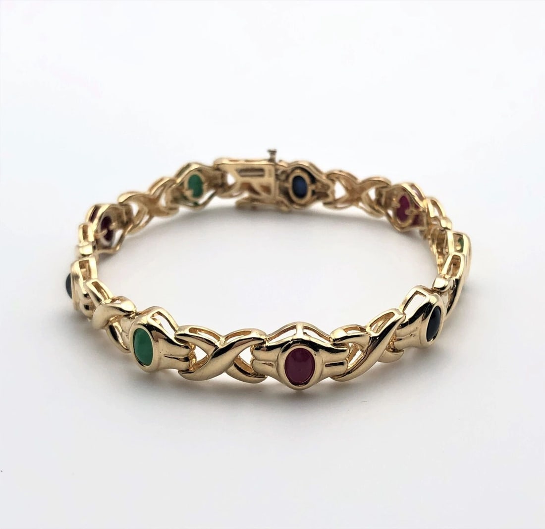 14K GOLD BRACELET WITH NATURAL RUBIES, SAPPHIRES, EMERALDS (7 INCHES) 18.7 GRAMS (1 of 2)