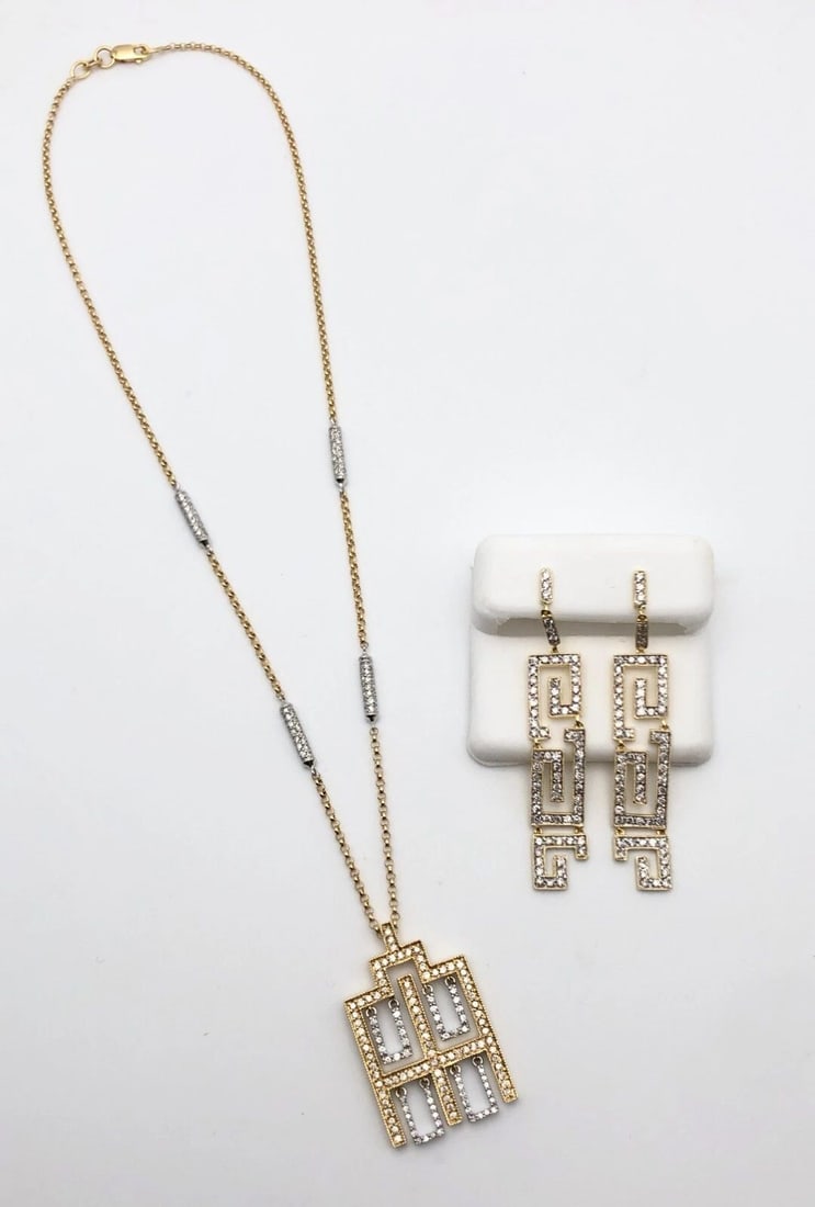 14K GOLD NECKLACE, PENDANT, EARRINGS MATCHING SET WITH 2.84CTS DIAMONDS 16.6GRAM (1 of 2)