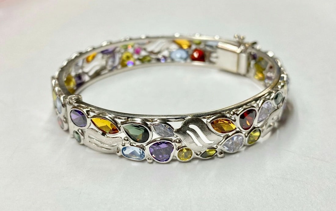 WOMEN’S 14K WHITE GOLD BANGLE WITH MULTIPLE NATURAL COLORED STONES (1 of 2)
