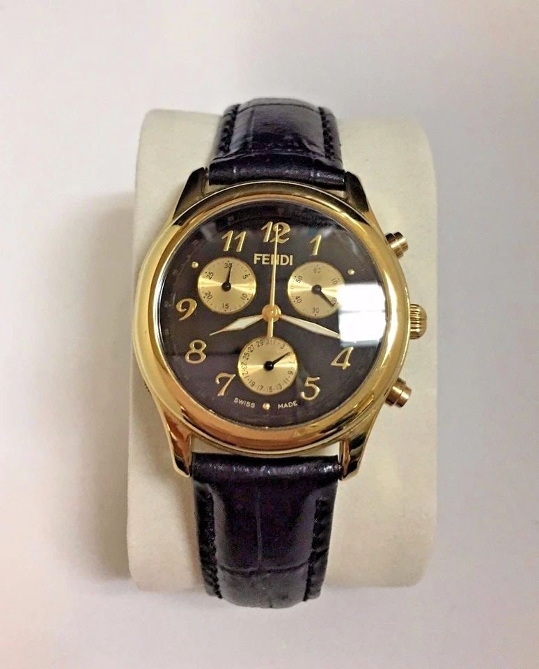 FENDI OROLOGI CHRONOGRAPH 18K YELLOW GOLD WATCH WITH LEATHER BAND - 2