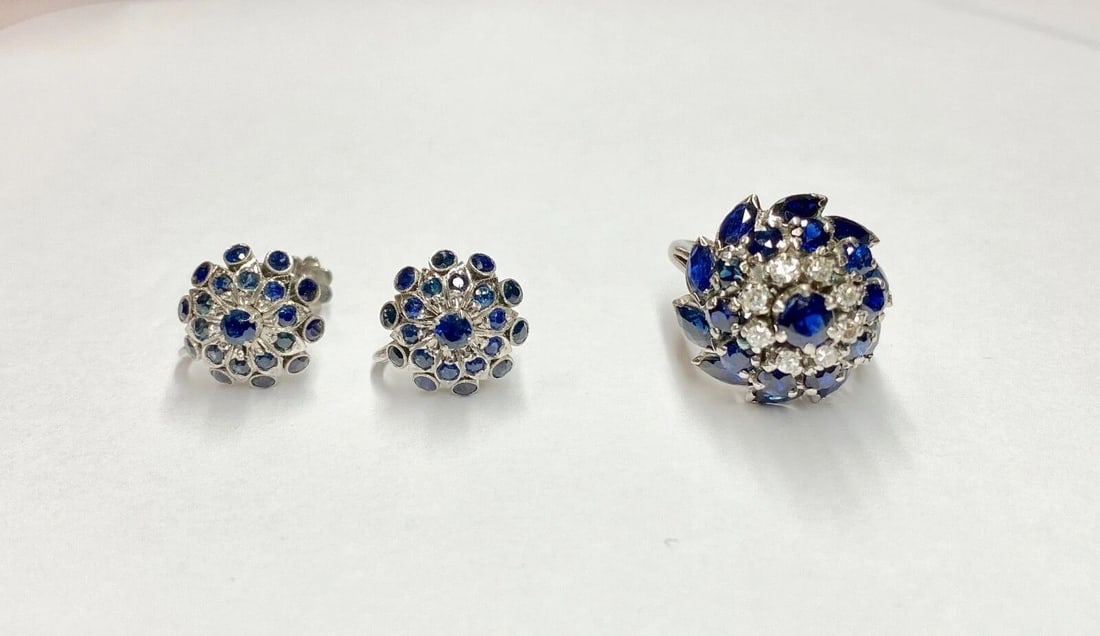 WOMEN’S 18K WHITE GOLD RING AND EARRINGS SET W/ NATURAL SAPPHIRE AND DIAMONDS (1 of 2)