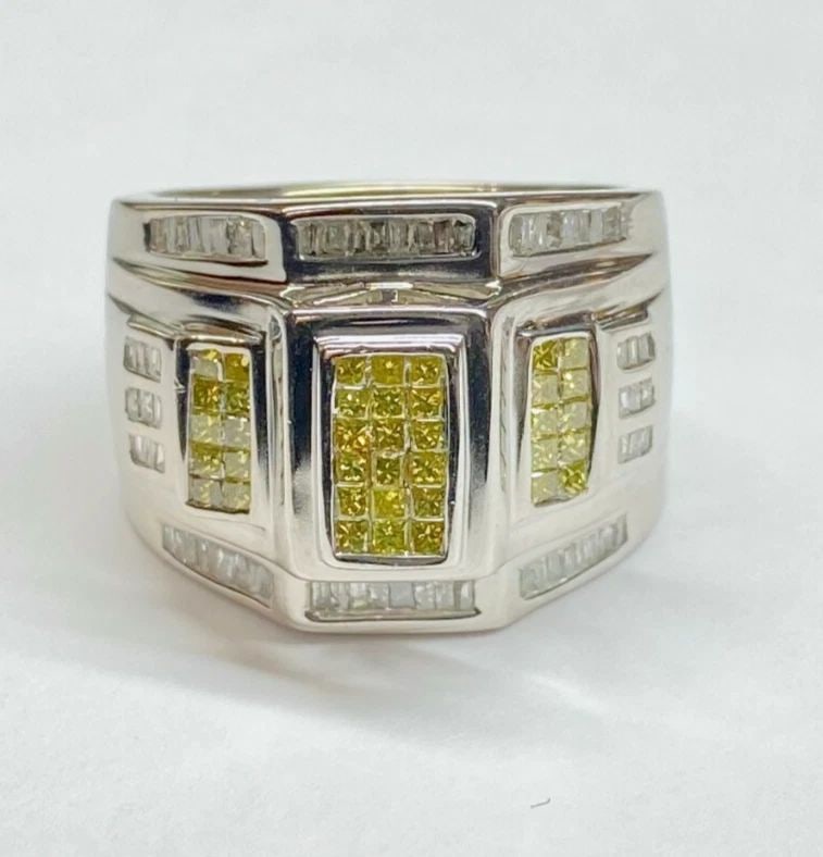 MEN'S 14K WHITE GOLD RING WITH PRINCESS/BAGUETTE CUT DIAMONDS 1.5CTW 17.5GRAMS (1 of 2)