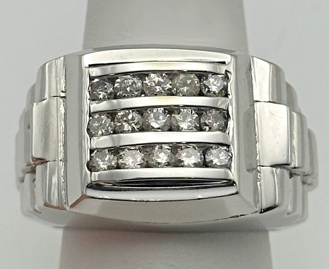 MEN'S 14K WHITE GOLD WATCH LINK STYLE SIDES 1.0CT DIAMOND RING 21.7 GRAMS (1 of 2)