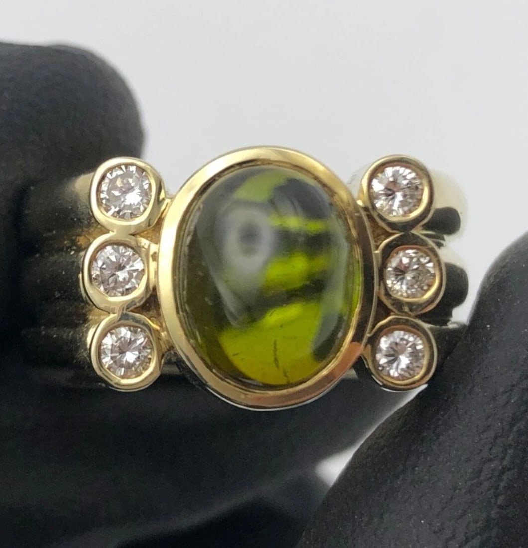 ALETTO & CO. 14K GOLD RING WITH TOURMALINE AND 0.30CTS DIAMONDS 20.5 GRAMS: Aletto & Co. 14k Gold Ring with Tourmaline and 0.30ct of Diamonds Condition: New, No box papers or tags Material: 14k Yellow Gold Ring Size: 7 Weight: 20.5 grams Top Width: 12mm Bottom Width: 10.1mm