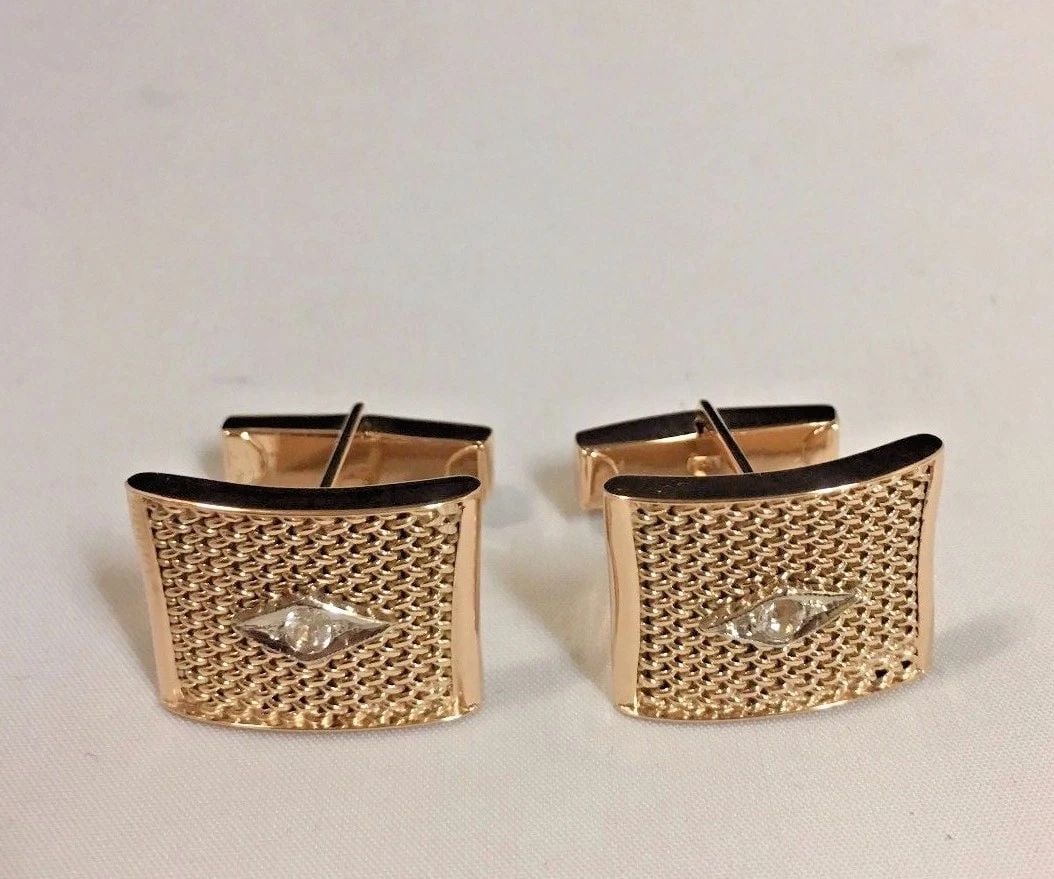 18K GOLD CUSTOM MADE CUFF LINK WITH 2 ROUND WHITE SAPPHIRES 17.3 GRAMS (1 of 2)