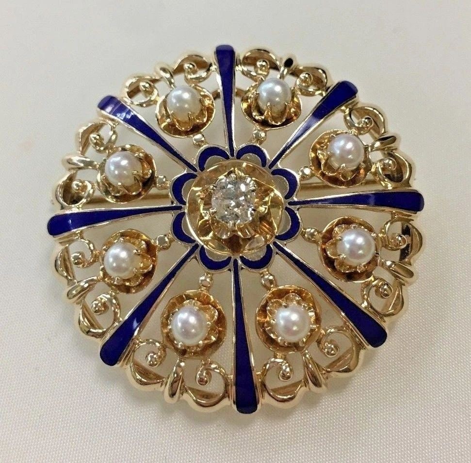 14K YELLOW GOLD BROOCH/PENDANT WITH ENAMEL, DIAMOND, PEARLS 18 GRAMS (1 of 2)