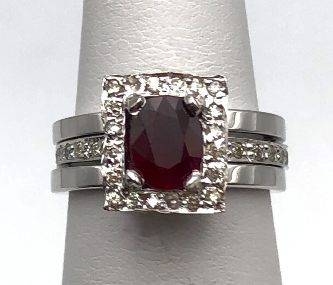 18K WHITE GOLD 3 RING SET, 1.0CT RUBY AND 0.56CTS OF DIAMONDS 9.4GRAM SIZE: 5 (1 of 2)