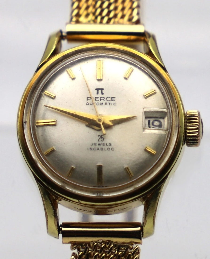 VINTAGE PIERCE WATCH WITH 18KT GOLD BAND 25 JEWELS MOVEMENT INCABLOC 7 INCH (1 of 2)