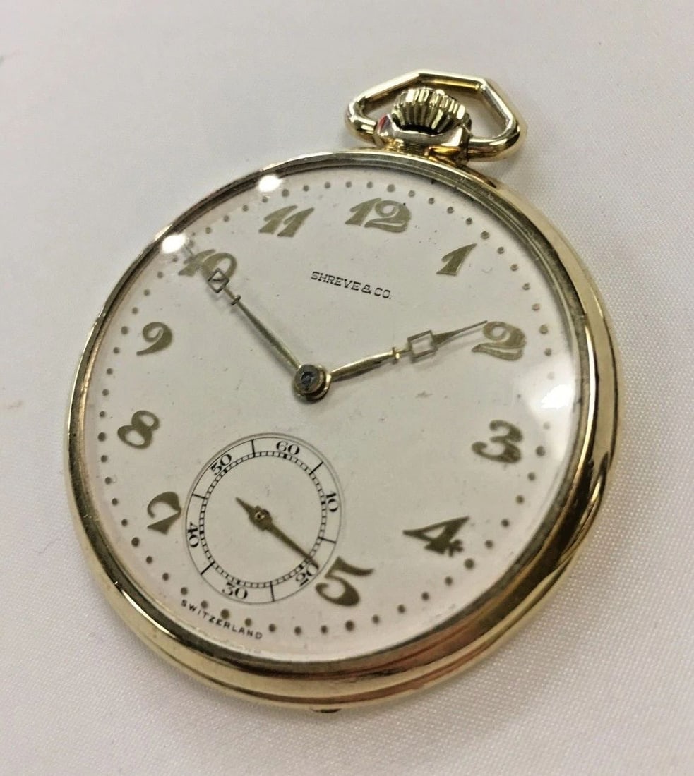 SHREVE & CO. POCKET WATCH WITH 14K SOLID GOLD CASE, 17J (1 of 2)