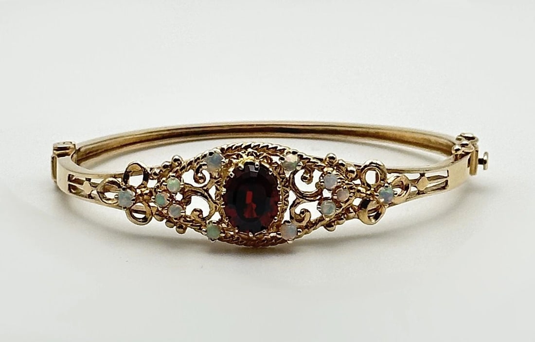 14K YELLOW GOLD BANGLE BRACELET WITH GARNET AND OPALS 15.5 GRAMS (1 of 2)