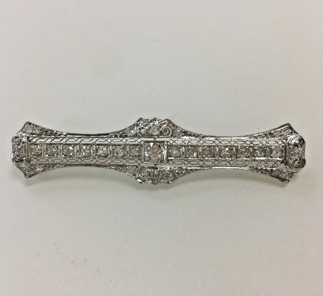 ANTIQUE PLATINUM/14K WHITE GOLD FILIGREE PIN BROOCH WITH 1.5CTS NATURAL DIAMONDS (1 of 2)
