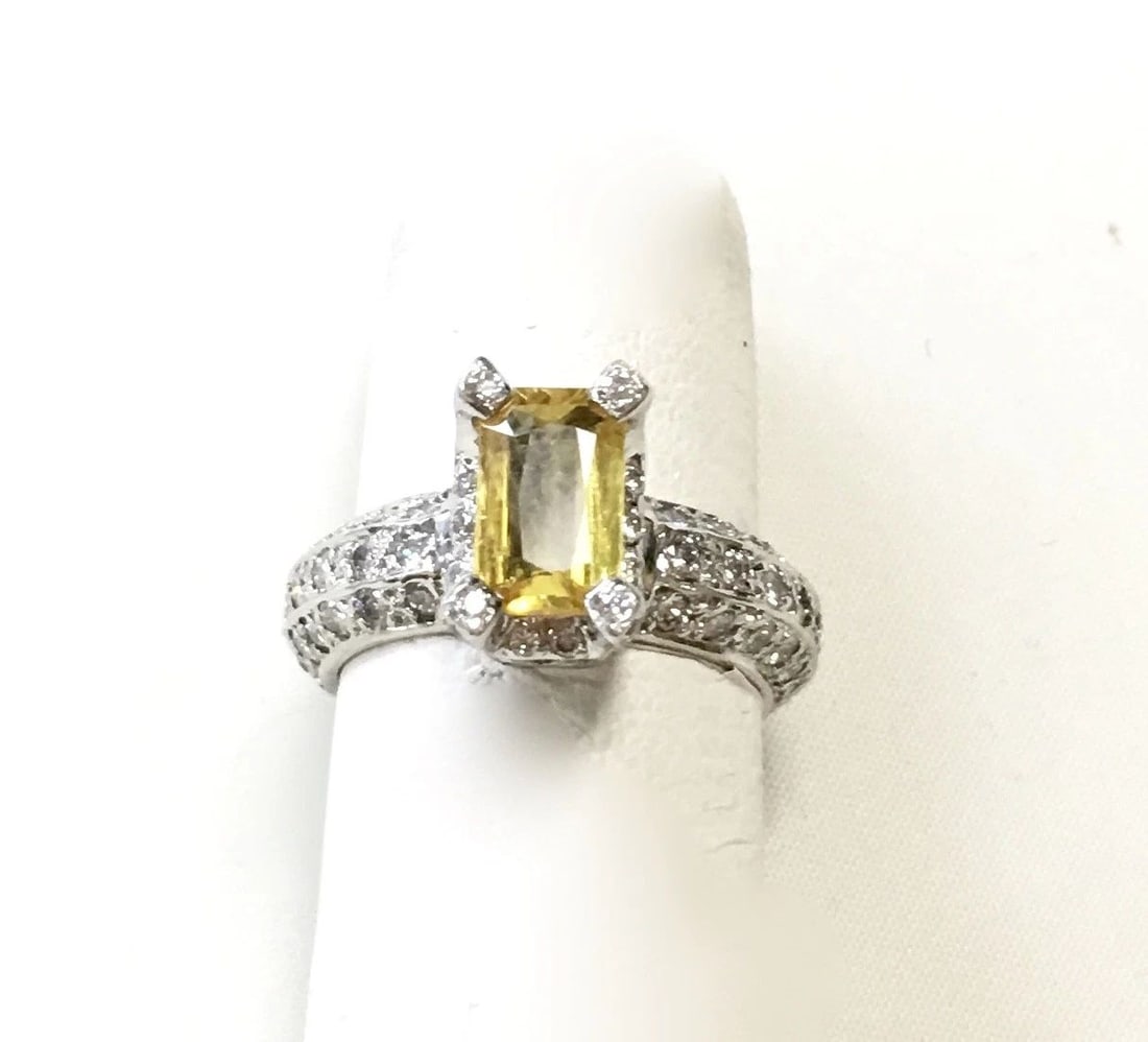 14K WHITE GOLD RING W 1.2CTS NATURAL DIAMONDS & 1.75CT YELLOW SAPPHIRE SIZE: 4.5: CUSTOM 14K RING WITH DIAMONDS AND GOLDEN SAPPHIRE SIZE: 4.5 Custom 14k Ring with Diamonds and Golden Sapphire You are bidding on a Custom 14k Ring with Diamonds and Golden Sapphire. There are few mino