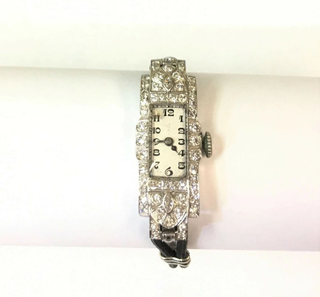 VINTAGE WOMAN'S PLATINUM WATCH WITH DIAMONDS AND 18K CLASP 17 JEWELS (1 of 2)