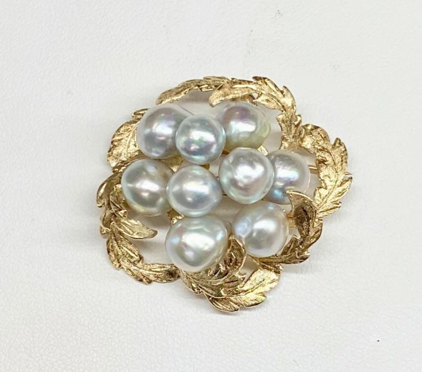 14K YELLOW GOLD CIRCLE WREATH WITH GENUINE PEARLS BROOCH/PIN 16.3 GRAMS (1 of 2)