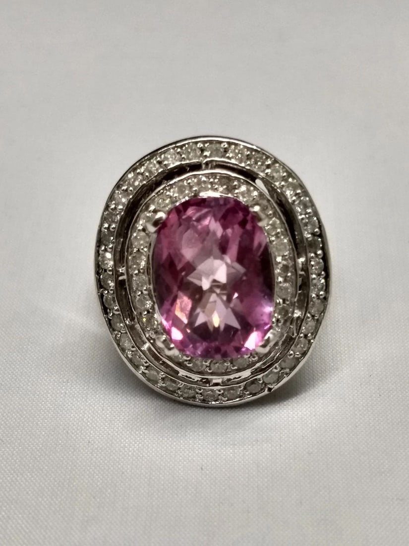 14K WHITE GOLD 7.8CT PINK TOPAZ AND 0.97CT DIAMOND RING 15 GRAMS (1 of 2)