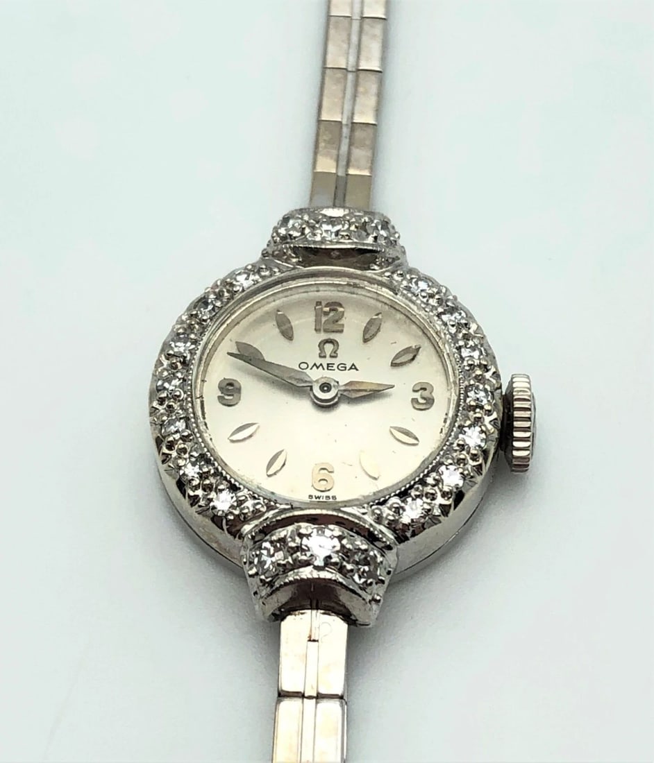 OMEGA WATCH 14K WHITE GOLD CASE AND BAND WITH DIAMOND BEZEL, OMEGA 481 17J MVMT (1 of 2)