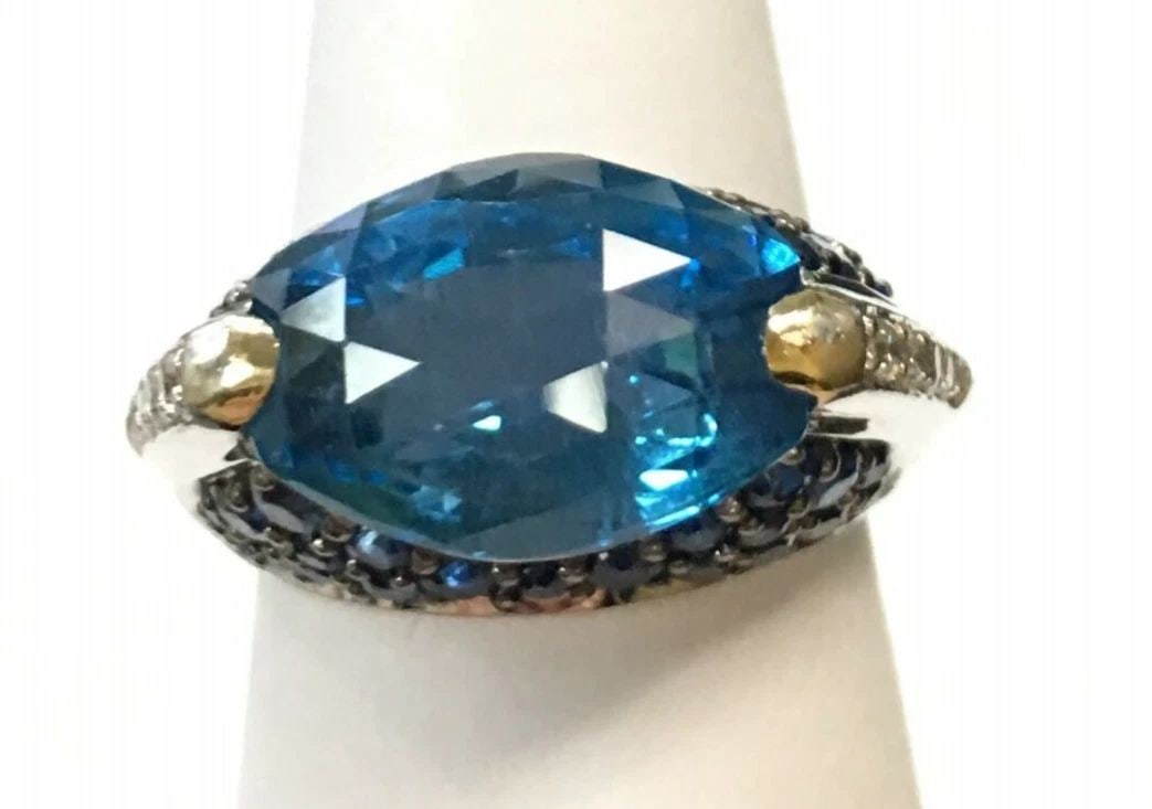 18K WHITE GOLD, DIAMONDS, SAPPHIRE, AND BLUE TOPAZ RING (SIZE: 6.5) 9.4 GRAMS (1 of 2)