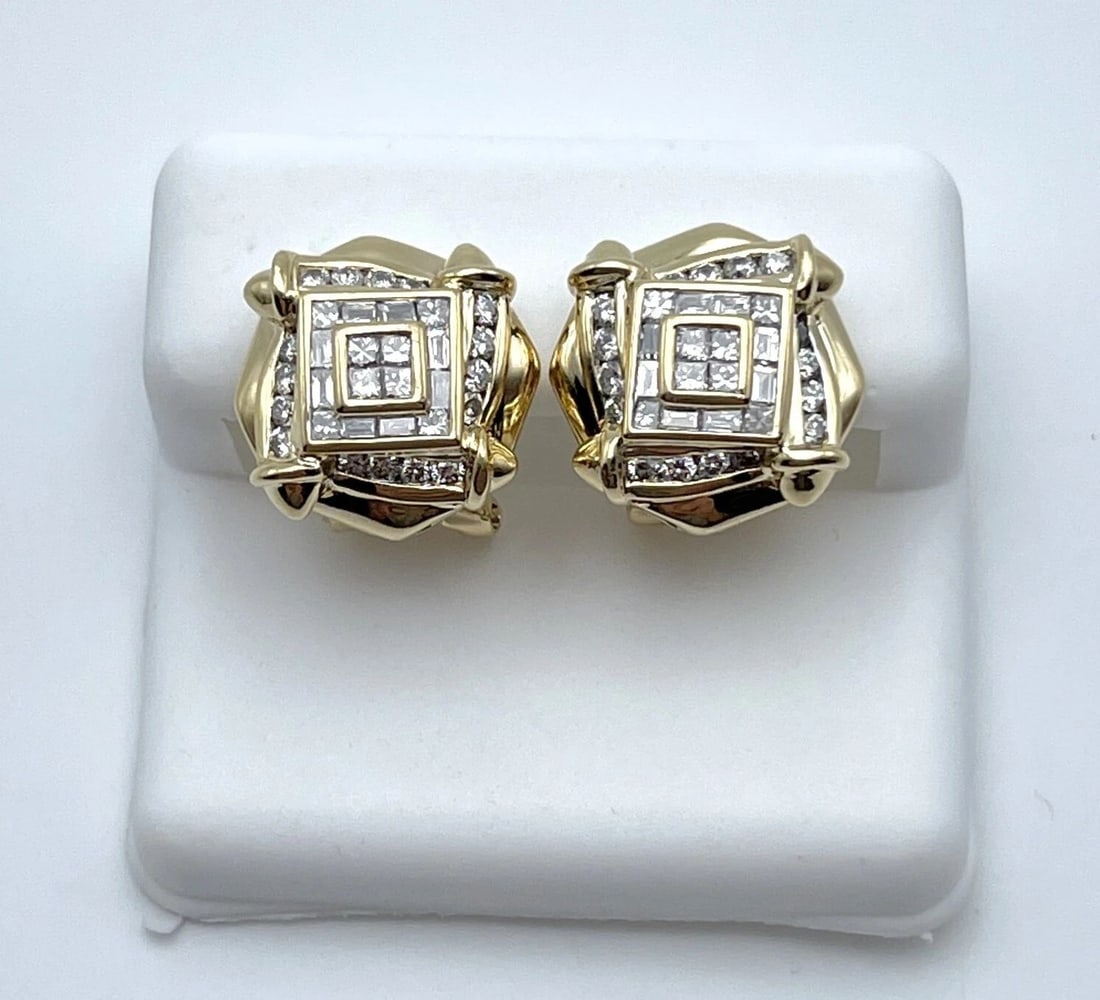 14K YELLOW GOLD SQUARE ROSE HEAD STYLE OMEGA BACK EARRINGS WITH 1.25CTS DIAMONDS (1 of 2)