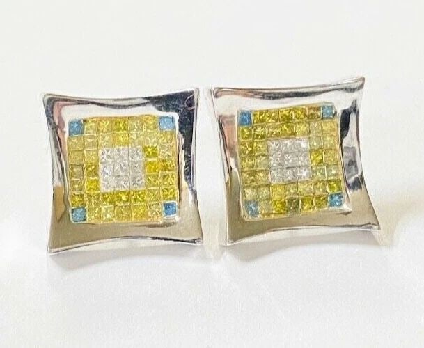 14K WHITE GOLD EARRINGS WITH 1.50CTS YELLOW, BLUE, WHITE DIAMONDS INVISIBLE SET (1 of 2)
