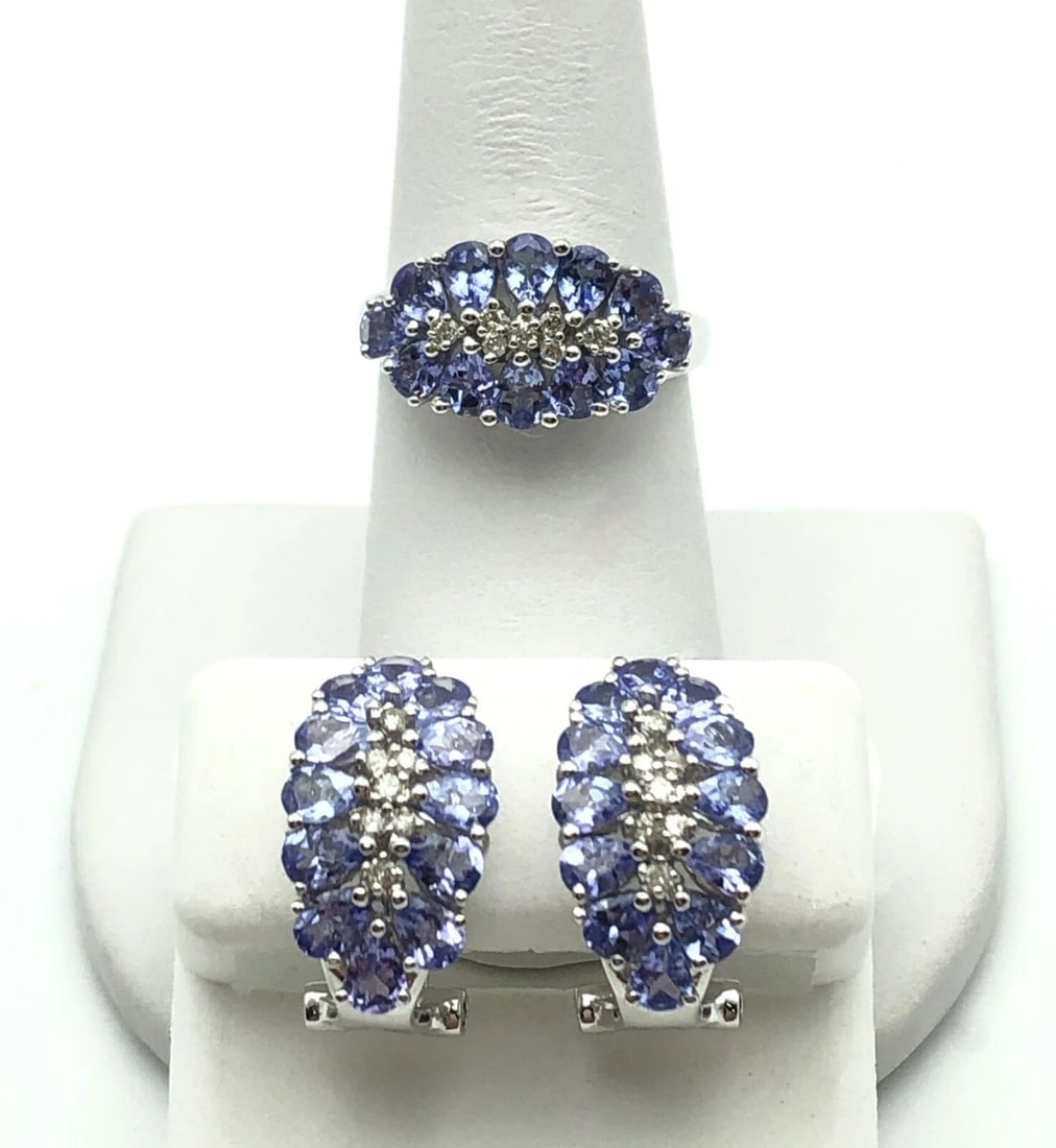 14K WHITE GOLD RING + EARRINGS SET, 0.21CTS OF DIAMONDS AND 5.04CTS OF TANZANITE (1 of 2)