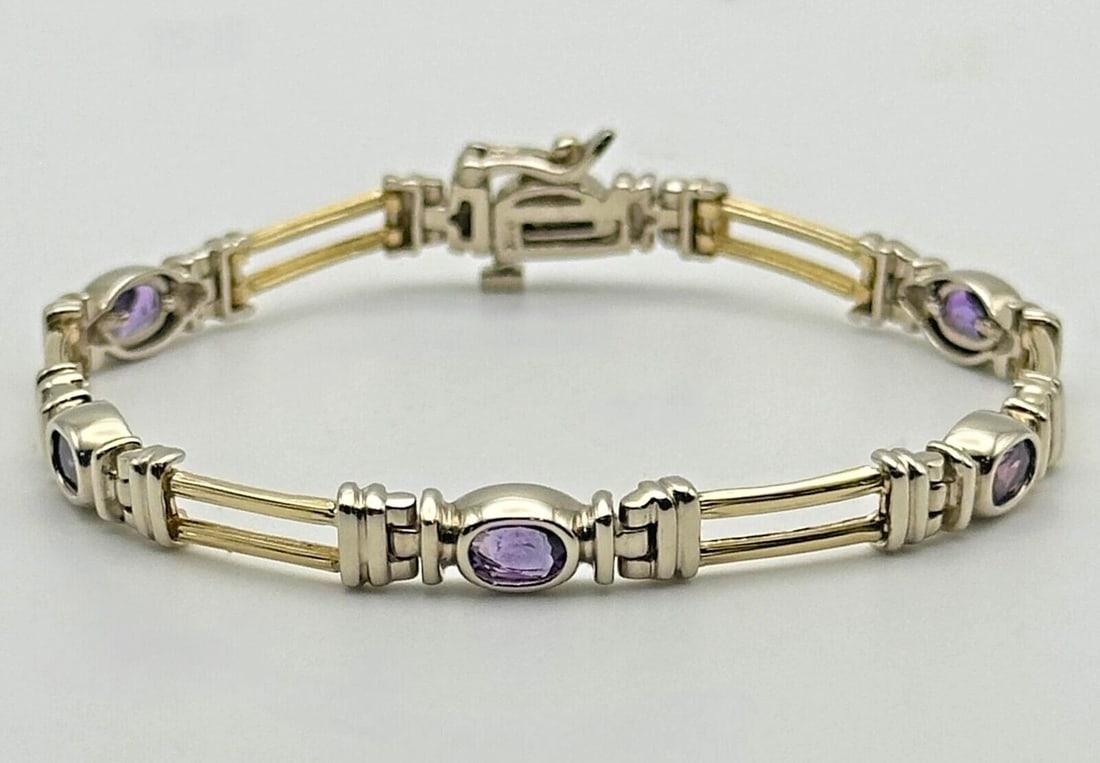 14K TWO TONED GOLD BRACELET WITH 1.50CTS OF AMETHYST 7 INCHES 13.3 GRAMS (1 of 2)