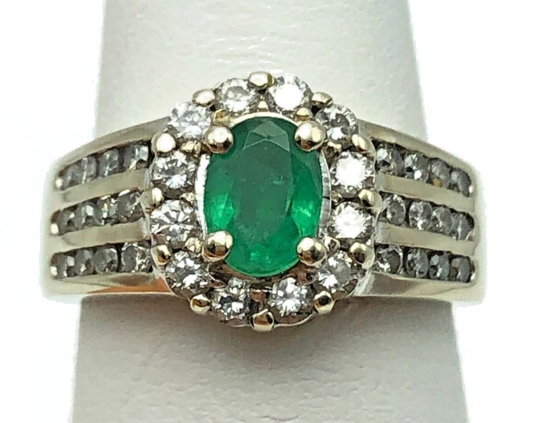 14K WHITE GOLD RING WITH NATURAL 0.75CT EMERALD AND 0.75CTS DIAMONDS SIZE: 6.75 (1 of 2)