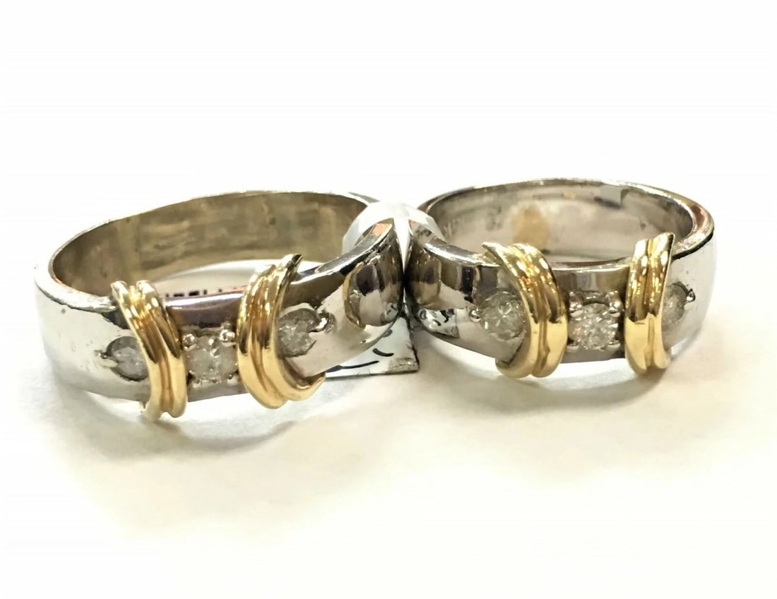 14K WHITE GOLD WITH YELLOW GOLD TRIM & DIAMONDS MAN/WOMAN MATCHING SET 13.7GRAM (1 of 2)