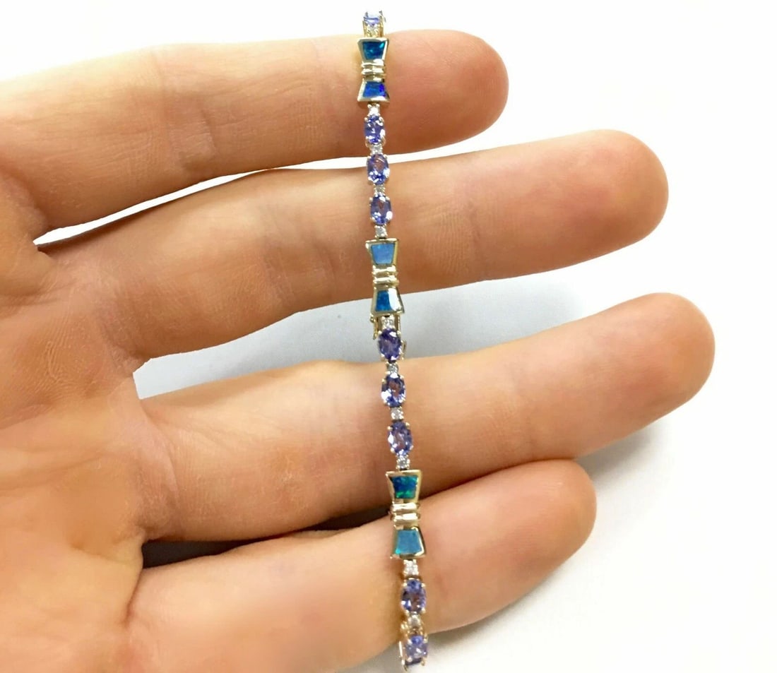 14K YELLOW GOLD BRACELET WITH TANZANITE, OPAL AND DIAMONDS ALL NATURAL, 7" (1 of 2)