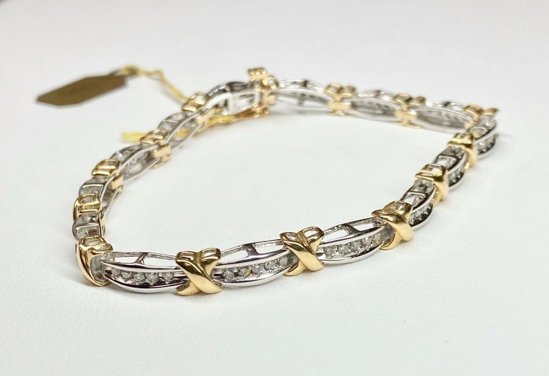 WOMEN'S 10K TWO TONE WHITE/YELLOW GOLD AND 1.0CTS NATURAL DIAMOND BRACELET 12.5G (1 of 2)