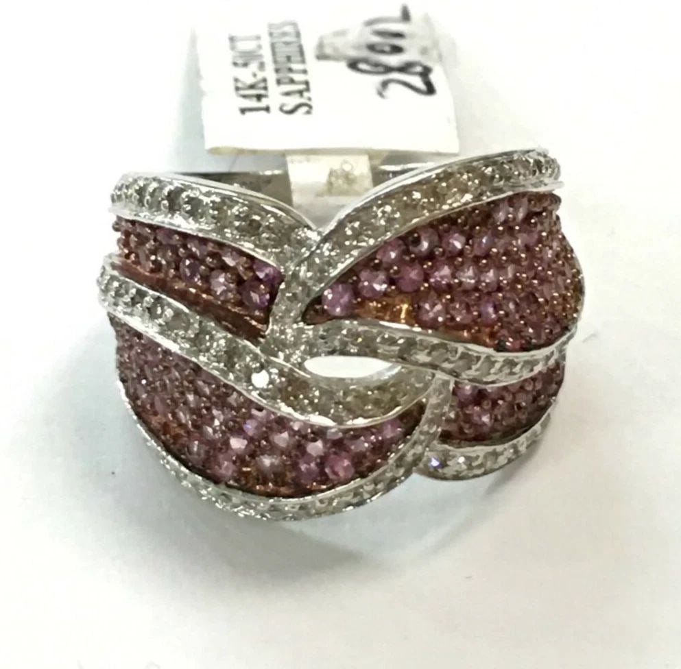 14K WHITE GOLD RING W/ PINK SAPPHIRE AND 0.50CTS DIAMONDS (SIZE:6.5) 9.2 GRAMS (1 of 2)