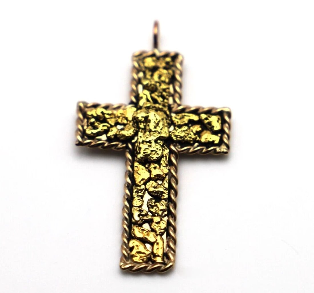 14K YELLOW GOLD CROSS WITH 22K NATURAL NUGGET INLAY 9.8 GRAMS (1 of 2)
