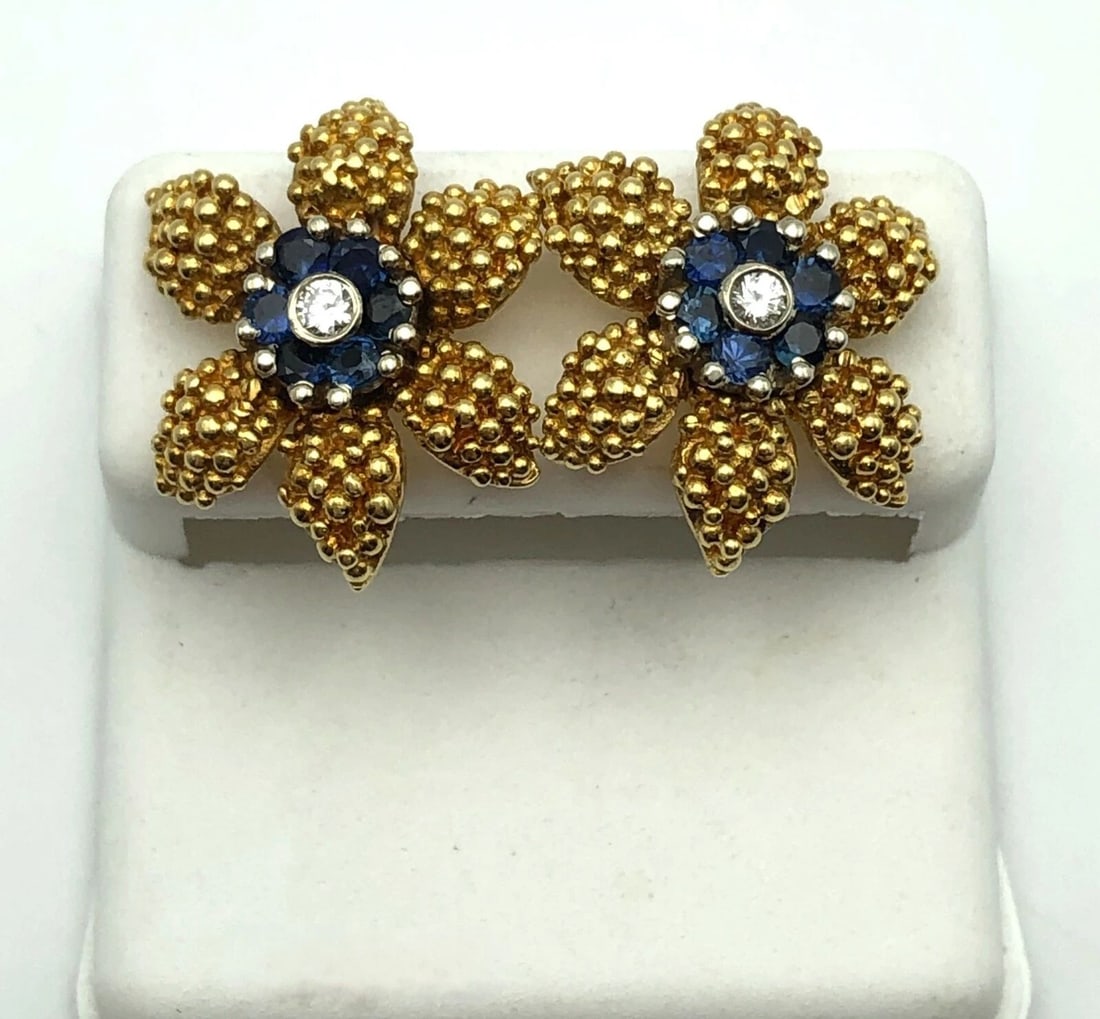 18K GOLD FLOWER EARRINGS, 14K STEMS/BACKS, NAT SAPPHIRES AND 0.20CTS OF DIAMONDS (1 of 2)