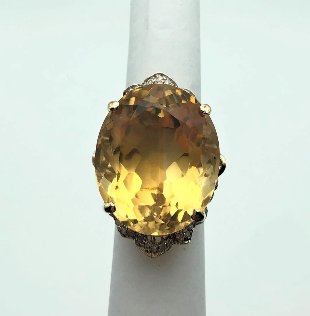 14K GOLD RING WITH MASSIVE 57 CARAT CENTER YELLOW CITRINE STONE AND DIAMONDS (1 of 2)