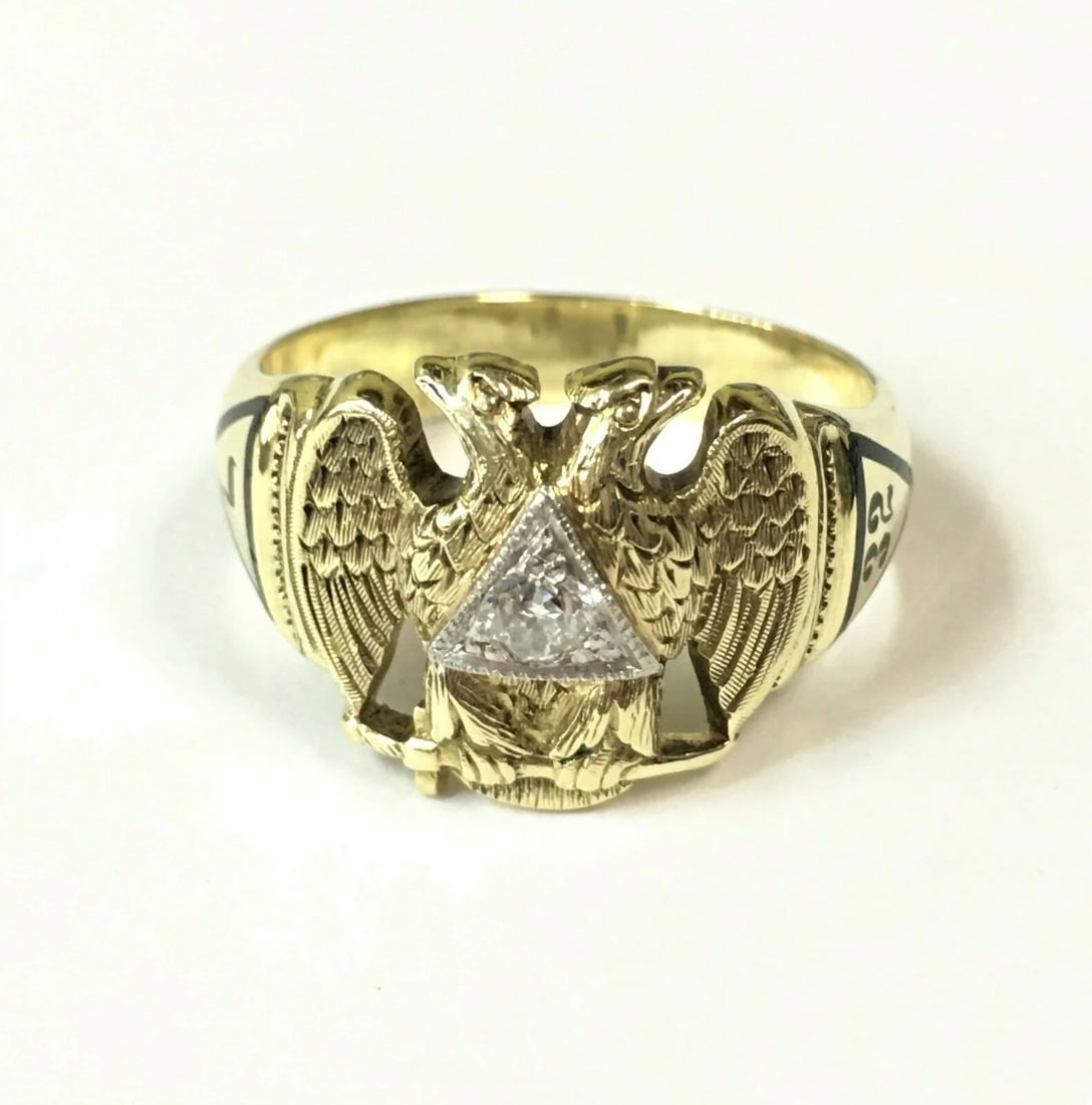 MASONIC 14K GOLD 32ND DOUBLE EAGLE RING WITH DIAMOND (SIZE: 11.75) 11 GRAM (1 of 2)