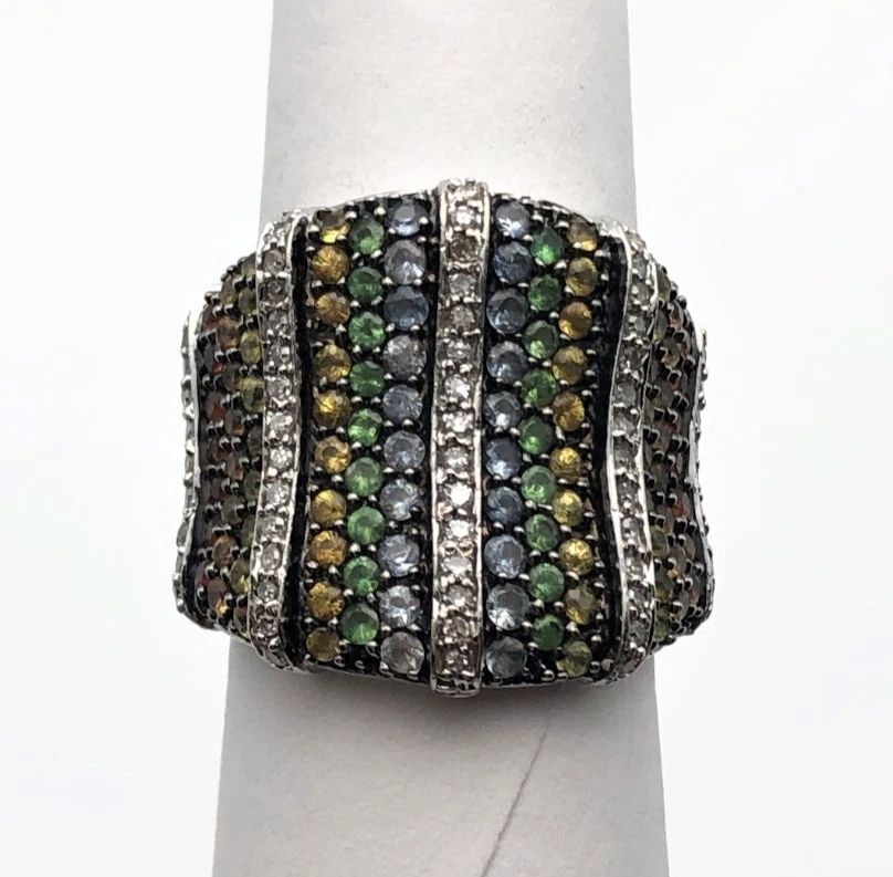 14K WHITE GOLD RING W/ NATURAL EMERALDS SAPPHIRES DIAMONDS (SIZE: 7.25) 10.2GRAM (1 of 2)