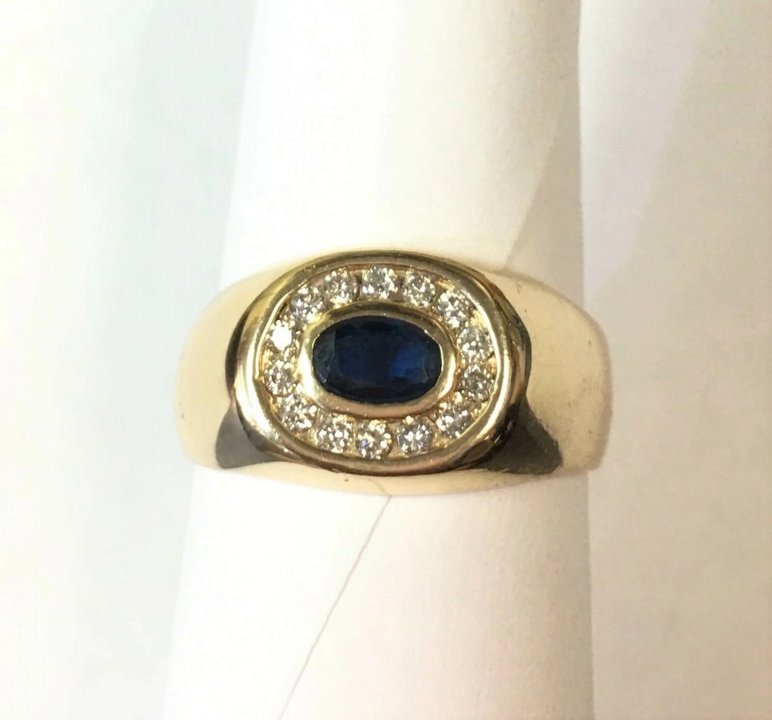 14K GOLD MEN'S RING 0.64CT NATURAL SAPPHIRE AND DIAMONDS (SIZE: 9) 9.8GRAMS (1 of 2)