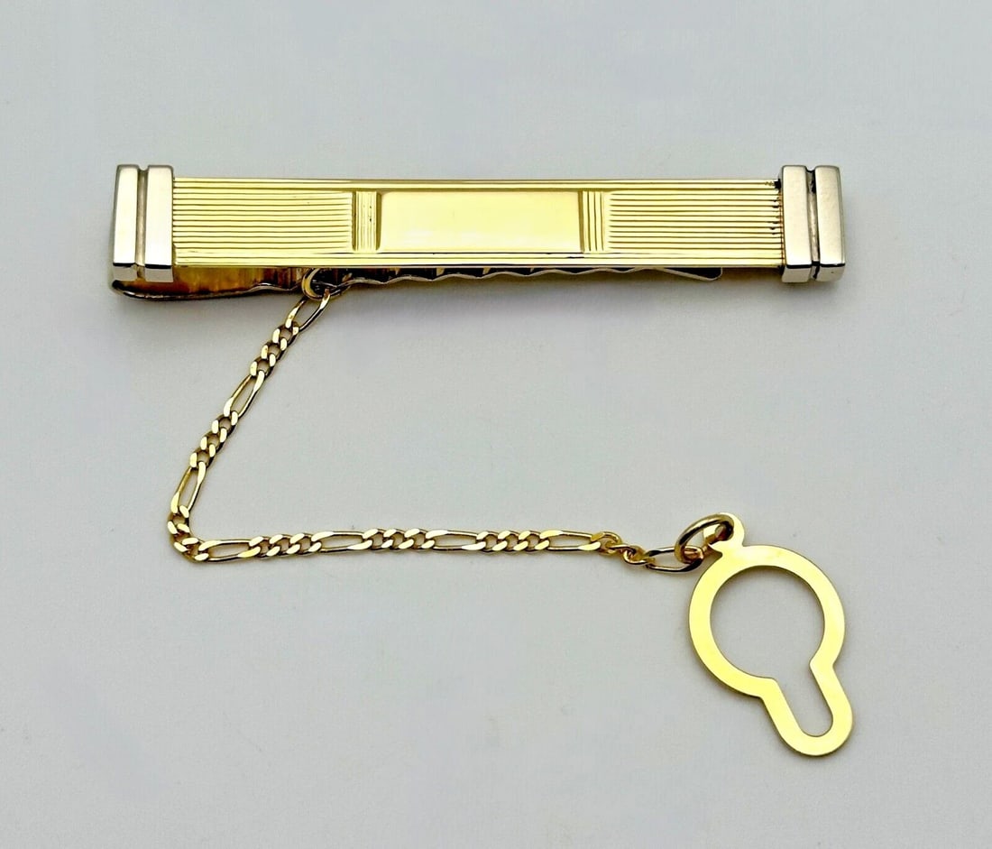 14K TWO TONED WHITE/YELLOW GOLD TIE BAR CLIP WITH DANGLE CHAIN 11.9 GRAMS (1 of 2)
