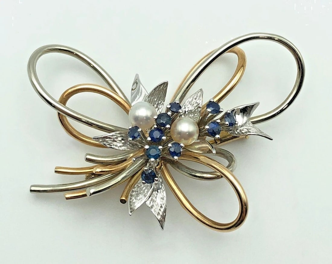 14K TWO TONED GOLD FLORAL BROOCH/PIN, NATURAL SAPPHIRES/CULTURED PEARLS 12.2GRAM (1 of 2)