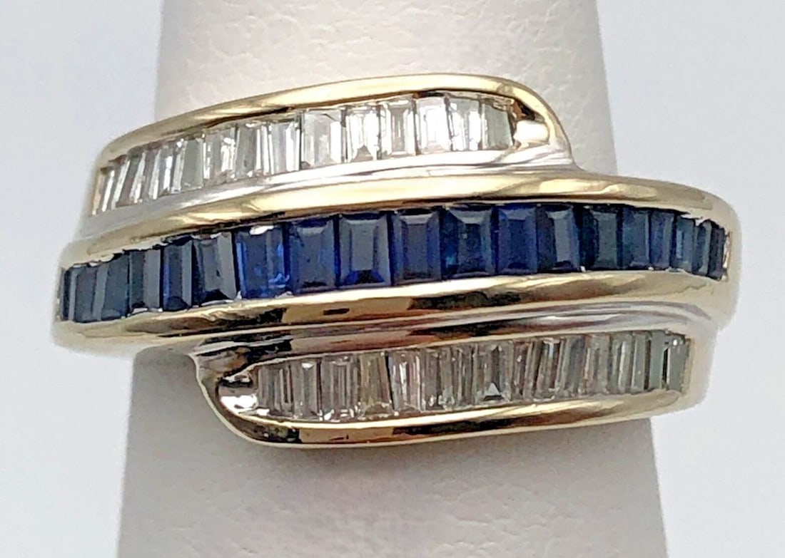 14K WHITE GOLD 3 ROW RING WITH 0.75CTS SAPPHIRE AND 1CTW DIAMONDS SIZE: 5 (1 of 2)